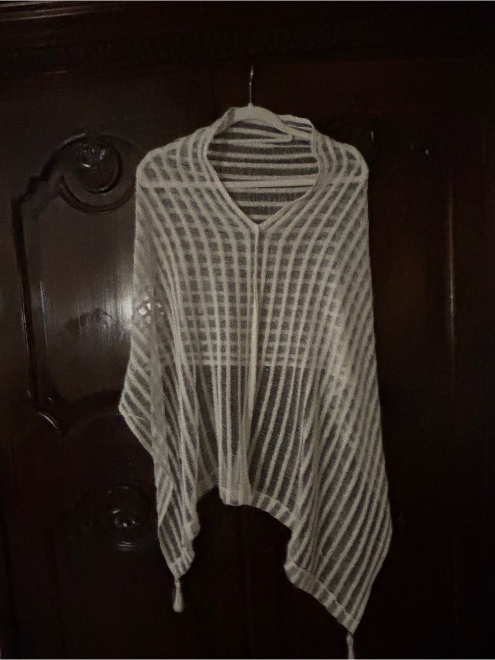 Sheer White Striped Knit Poncho with V-Neck